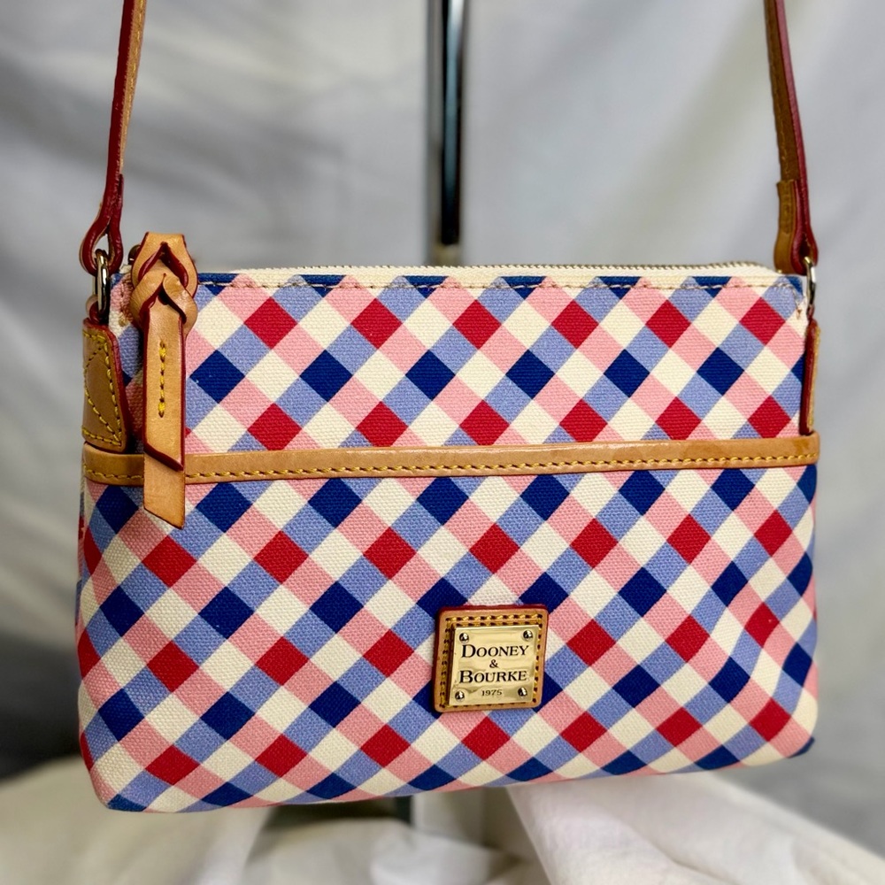 DOONEY & BOURKE Red White Blue Gingham Plaid Canvas Tan Leather Crossbody Bag
